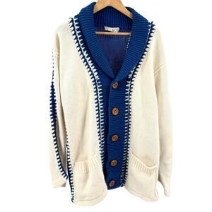 Vintage 90s L n M Blue Ivory Whipstitch Shawl Collar Oversized Cardigan